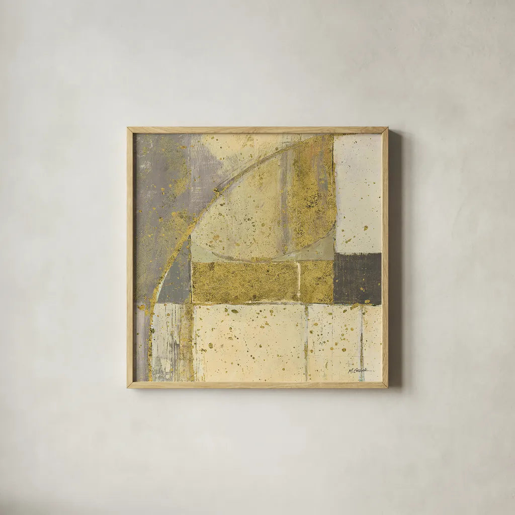 Gilded Blues Before Sunrise II by Mike Schick. Shown in a natural wood glass frame for a timeless modern aesthetic. Available as an archival giclee rolled canvas, fine art paper, or poster print. SKU 18903a.