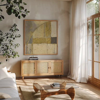 Gilded Blues Before Sunrise II by Mike Schick. Shown in a natural wood frame in a cozy modern living room. Available as an archival giclee rolled canvas, fine art paper, or poster print. SKU 18903a.