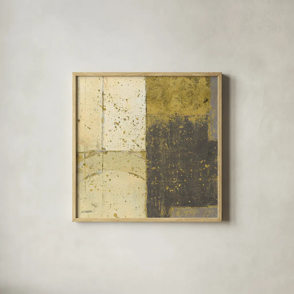 Gilded Blues Before Sunrise III by Mike Schick. Shown in a natural wood glass frame for a timeless modern aesthetic. Available as an archival giclee rolled canvas, fine art paper, or poster print. SKU 18904a.