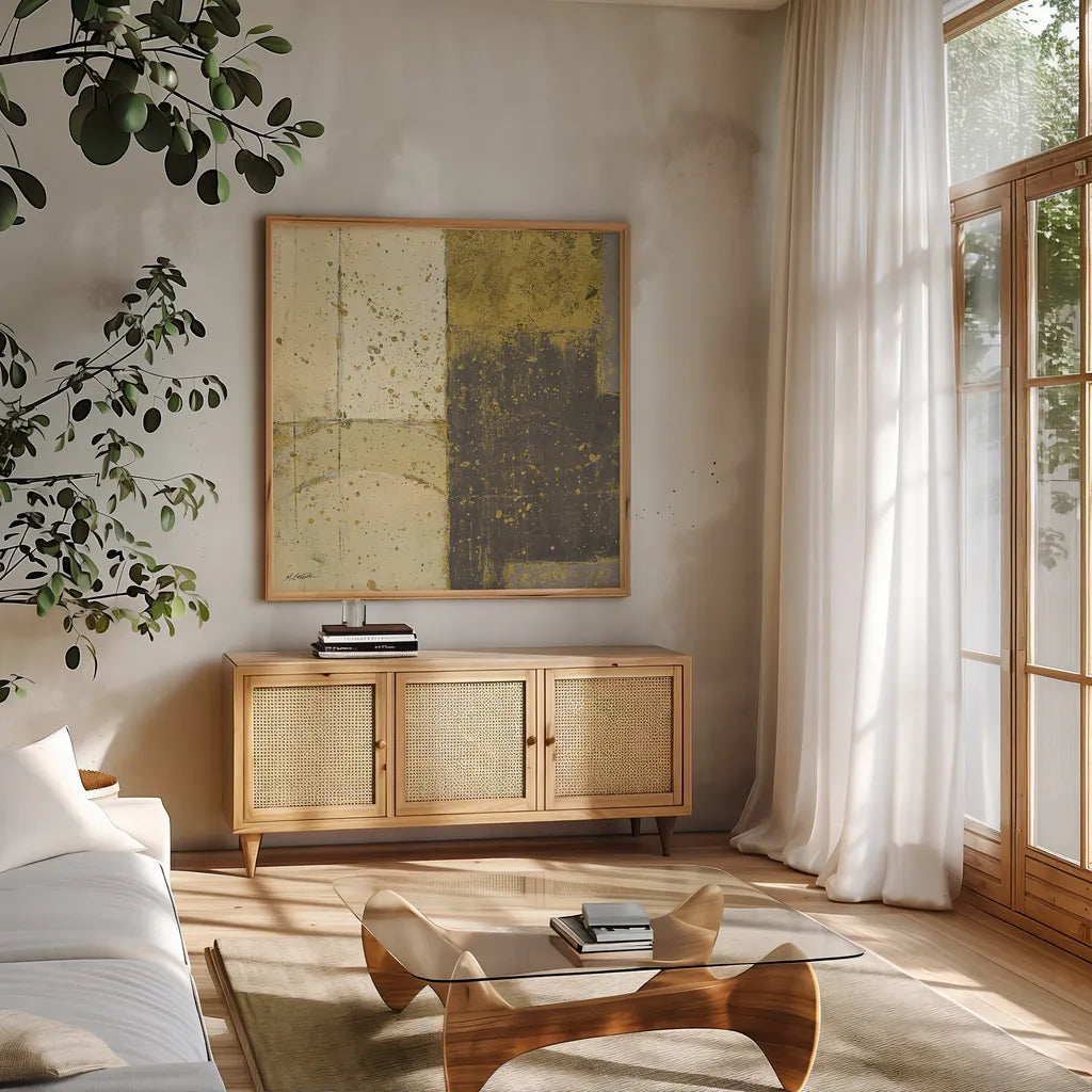 Gilded Blues Before Sunrise III by Mike Schick. Shown in a natural wood frame in a cozy modern living room. Available as an archival giclee rolled canvas, fine art paper, or poster print. SKU 18904a.