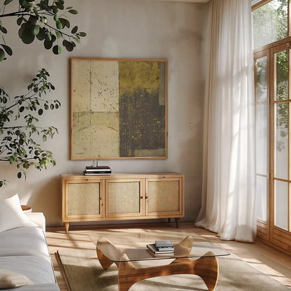 Gilded Blues Before Sunrise III by Mike Schick. Shown in a natural wood frame in a cozy modern living room. Available as an archival giclee rolled canvas, fine art paper, or poster print. SKU 18904a.