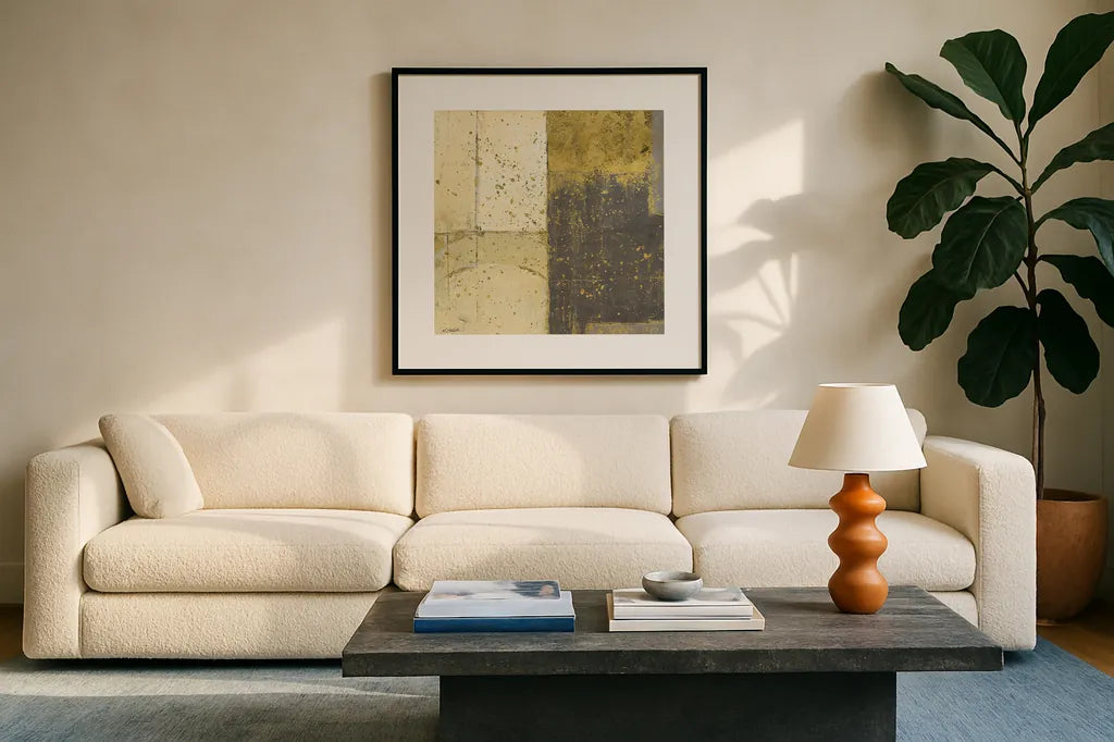 Gilded Blues Before Sunrise III by Mike Schick. Displayed in a glass frame with matte in a clean modern living room. Available as an archival giclee rolled canvas, fine art paper, or poster print. SKU 18904a.