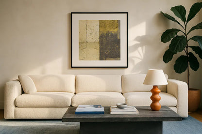 Gilded Blues Before Sunrise III by Mike Schick. Displayed in a glass frame with matte in a clean modern living room. Available as an archival giclee rolled canvas, fine art paper, or poster print. SKU 18904a.