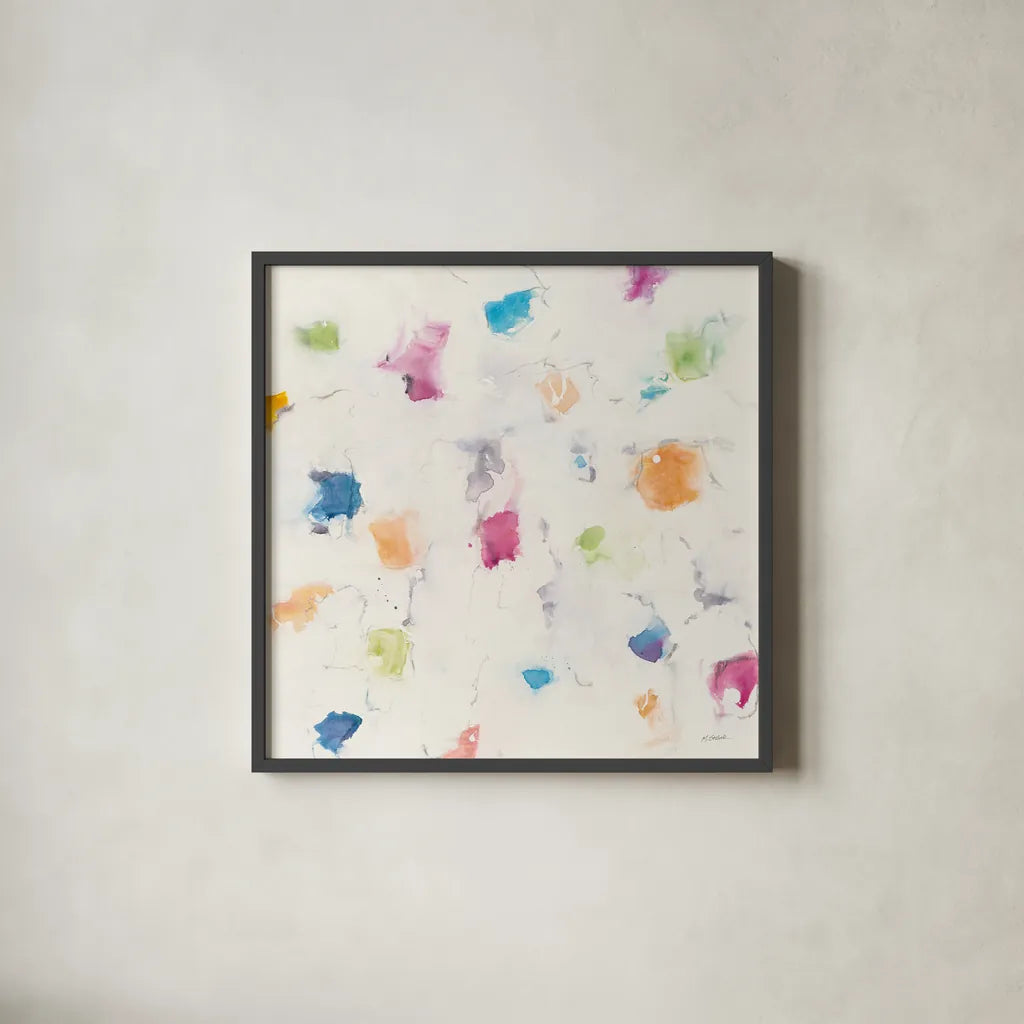 Glitterati I by Mike Schick. Shown in a sleek black glass frame for a contemporary gallery look. Available as an archival giclee rolled canvas, fine art paper, or poster print. SKU 27340a.
