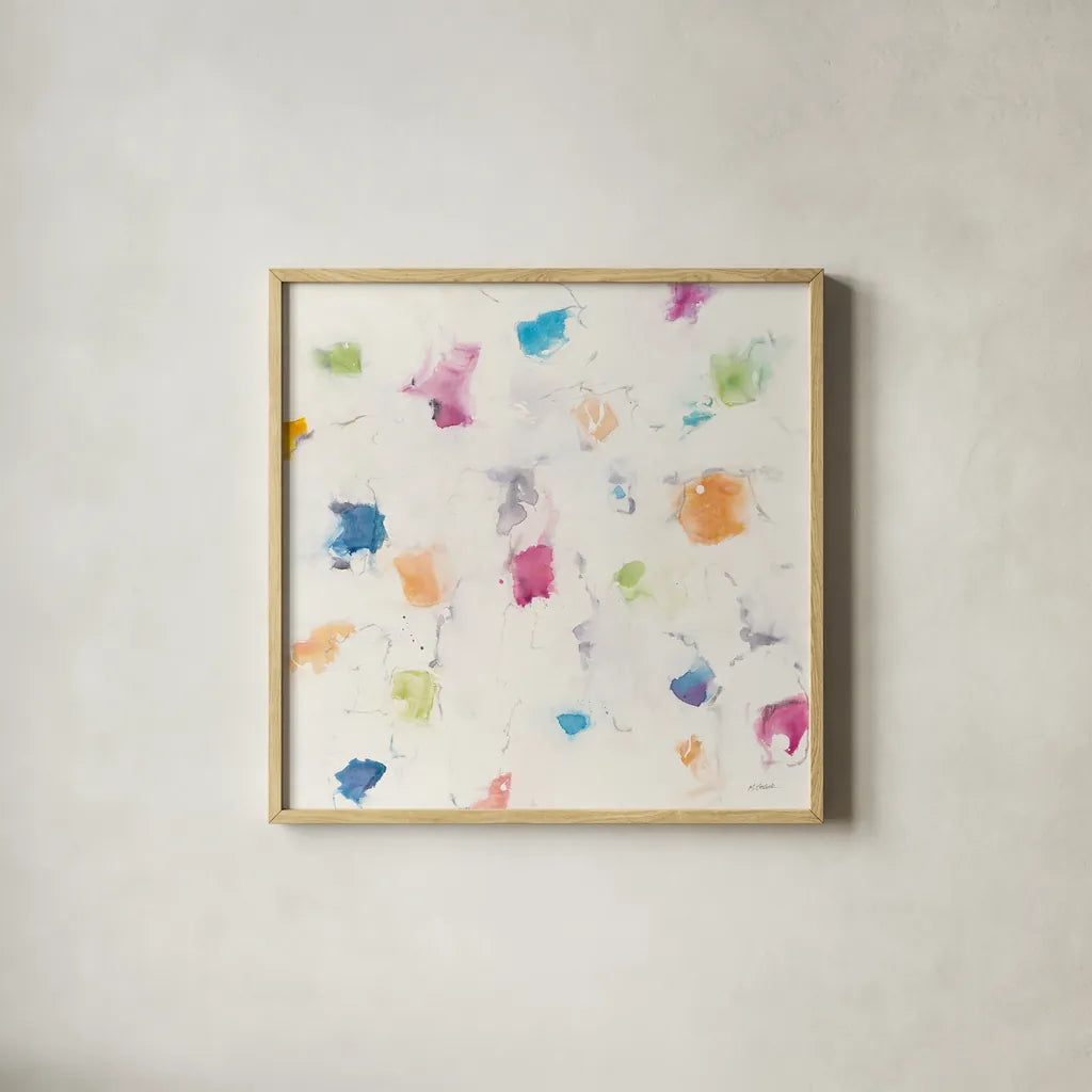 Glitterati I by Mike Schick. Shown in a natural wood glass frame for a timeless modern aesthetic. Available as an archival giclee rolled canvas, fine art paper, or poster print. SKU 27340a.