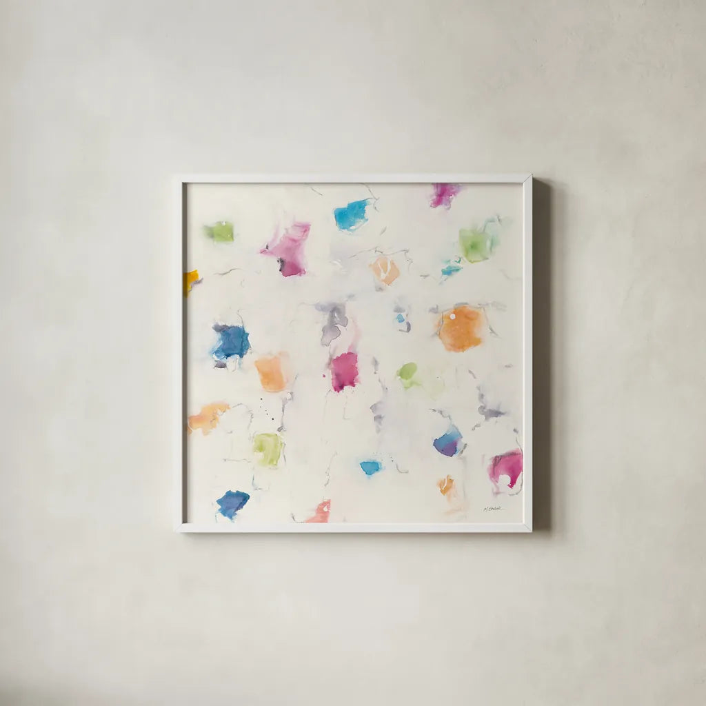 Glitterati I by Mike Schick. Shown in a crisp white glass frame for a clean and minimalist style. Available as an archival giclee rolled canvas, fine art paper, or poster print. SKU 27340a.