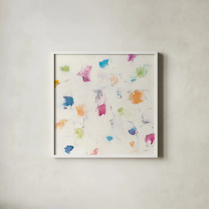 Glitterati I by Mike Schick. Shown in a crisp white glass frame for a clean and minimalist style. Available as an archival giclee rolled canvas, fine art paper, or poster print. SKU 27340a.