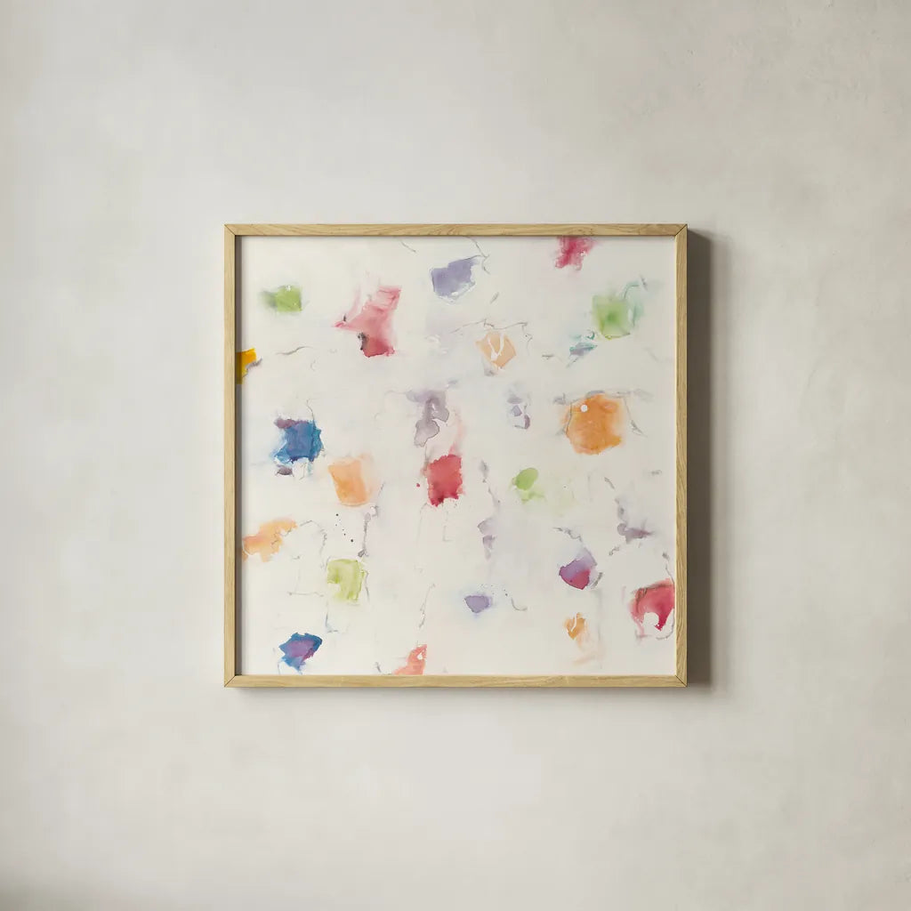 Glitterati I by Mike Schick. Shown in a natural wood glass frame for a timeless modern aesthetic. Available as an archival giclee rolled canvas, fine art paper, or poster print. SKU 88622a.