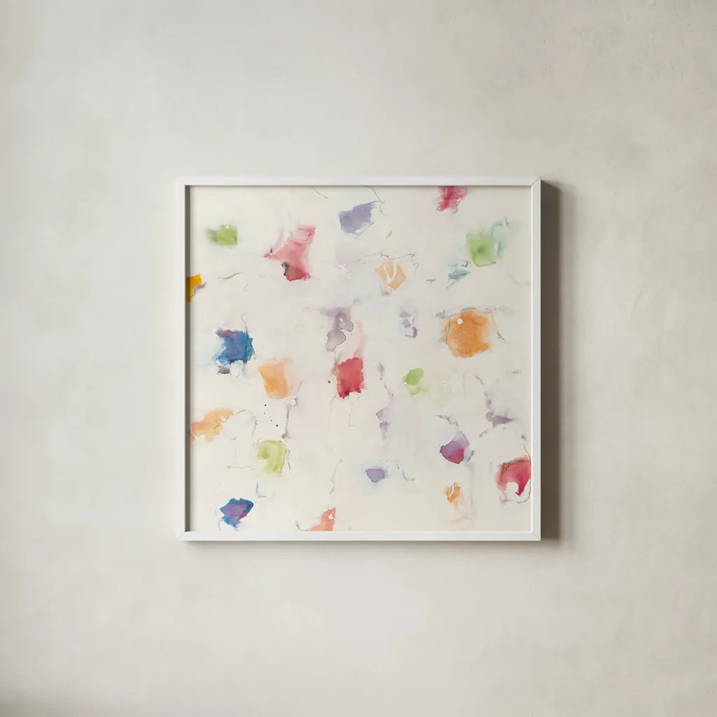 Glitterati I by Mike Schick. Shown in a crisp white glass frame for a clean and minimalist style. Available as an archival giclee rolled canvas, fine art paper, or poster print. SKU 88622a.