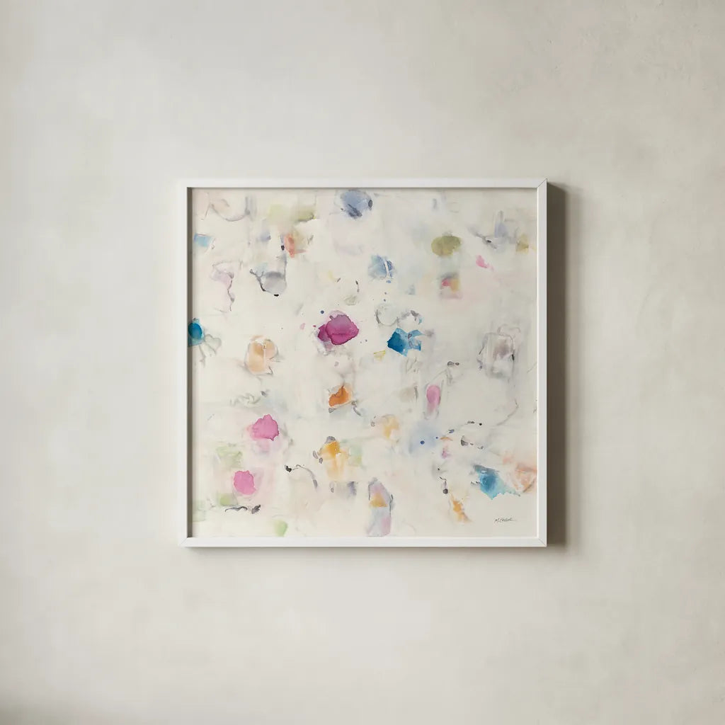 Glitterati II by Mike Schick. Shown in a crisp white glass frame for a clean and minimalist style. Available as an archival giclee rolled canvas, fine art paper, or poster print. SKU 27341a.