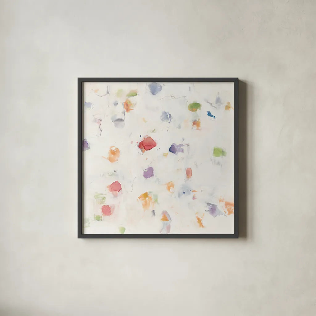 Glitterati II Red by Mike Schick. Shown in a sleek black glass frame for a contemporary gallery look. Available as an archival giclee rolled canvas, fine art paper, or poster print. SKU 88623a.