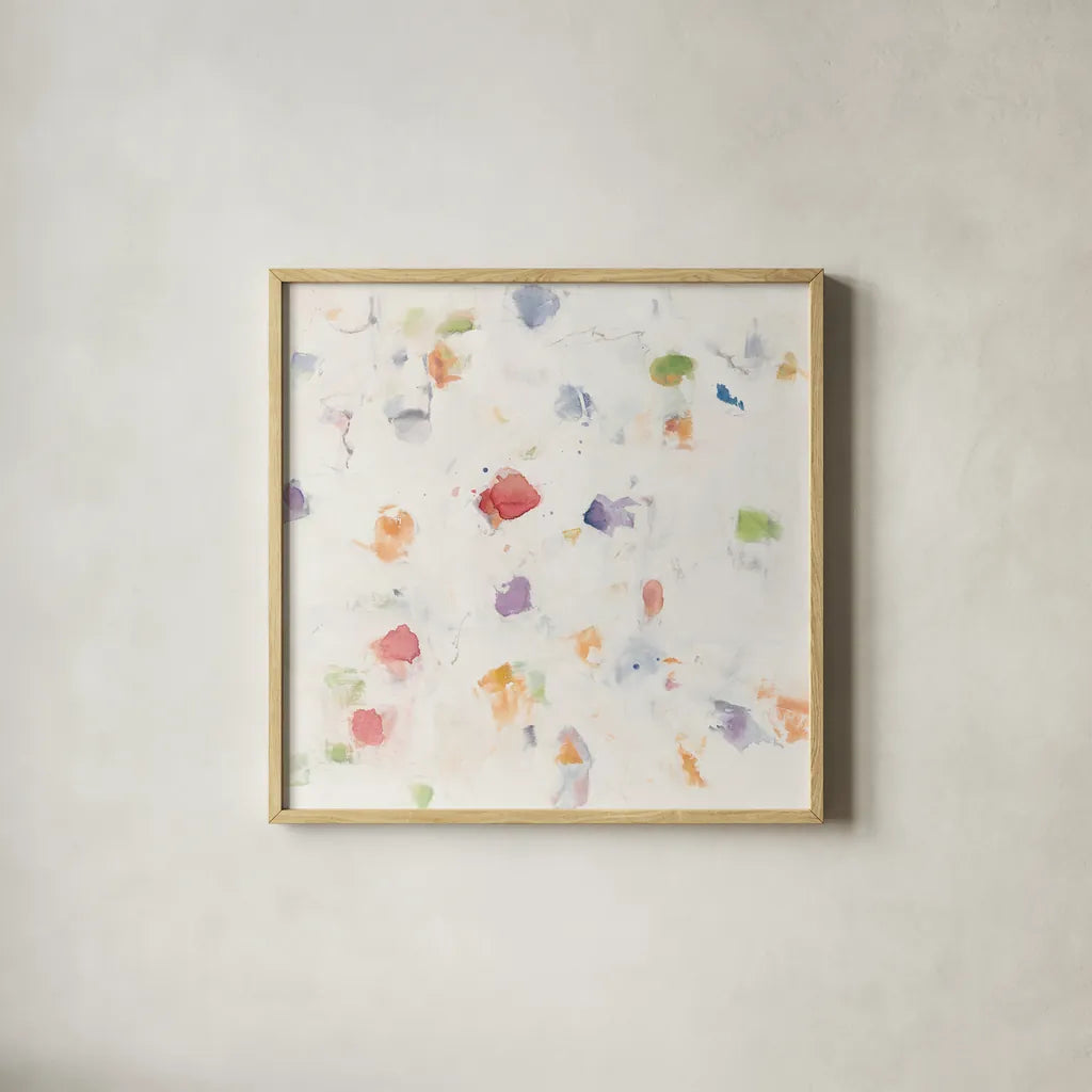 Glitterati II Red by Mike Schick. Shown in a natural wood glass frame for a timeless modern aesthetic. Available as an archival giclee rolled canvas, fine art paper, or poster print. SKU 88623a.