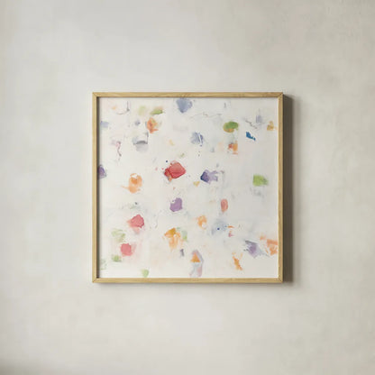 Glitterati II Red by Mike Schick. Shown in a natural wood glass frame for a timeless modern aesthetic. Available as an archival giclee rolled canvas, fine art paper, or poster print. SKU 88623a.