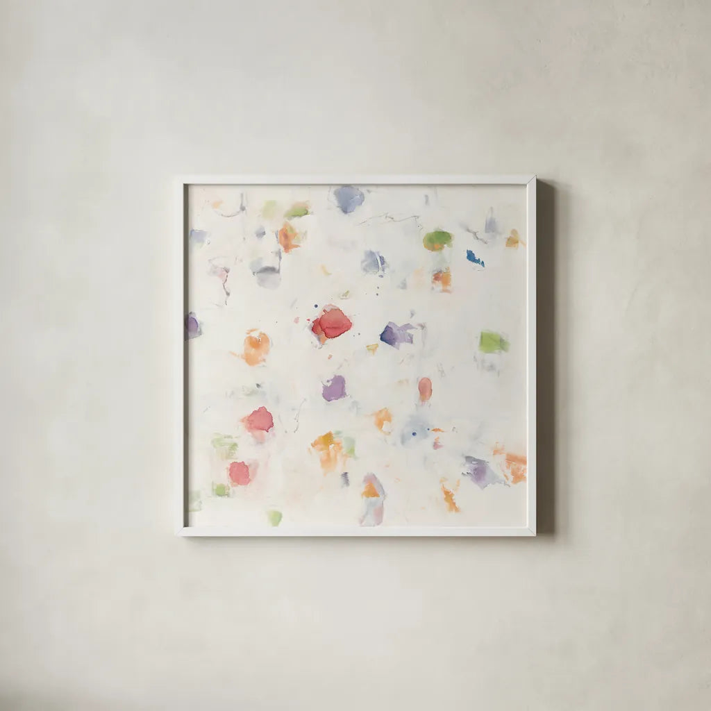 Glitterati II Red by Mike Schick. Shown in a crisp white glass frame for a clean and minimalist style. Available as an archival giclee rolled canvas, fine art paper, or poster print. SKU 88623a.