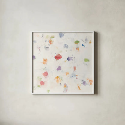 Glitterati II Red by Mike Schick. Shown in a crisp white glass frame for a clean and minimalist style. Available as an archival giclee rolled canvas, fine art paper, or poster print. SKU 88623a.