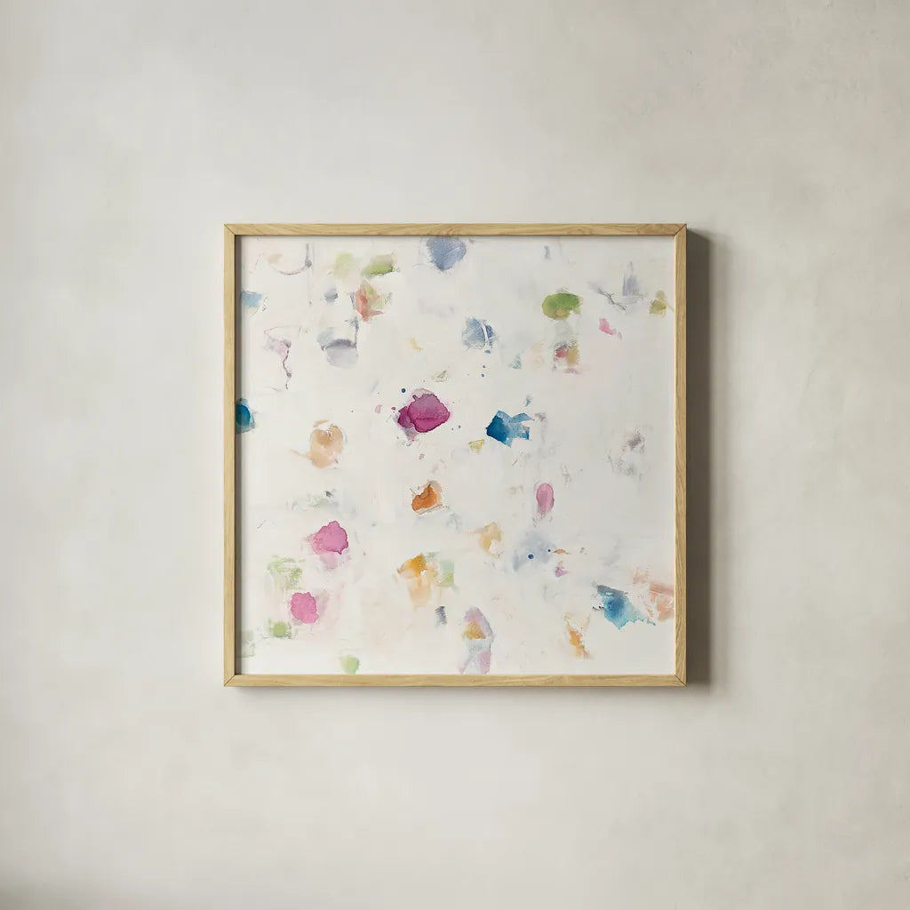 Glitterati II v2 by Mike Schick. Shown in a natural wood glass frame for a timeless modern aesthetic. Available as an archival giclee rolled canvas, fine art paper, or poster print. SKU 27637a.