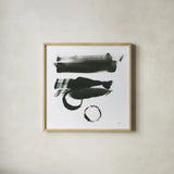 Gold and Black Element XVI by Mike Schick. Shown in a natural wood glass frame for a timeless modern aesthetic. Available as an archival giclee rolled canvas, fine art paper, or poster print. SKU 19472a.
