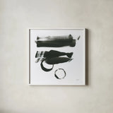 Gold and Black Element XVI by Mike Schick. Shown in a crisp white glass frame for a clean and minimalist style. Available as an archival giclee rolled canvas, fine art paper, or poster print. SKU 19472a.