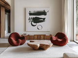 Gold and Black Element XVI by Mike Schick. Shown as extra-large giant wall art in a modern living room. Available as an archival giclee rolled canvas, fine art paper, or poster print. SKU 19472a.
