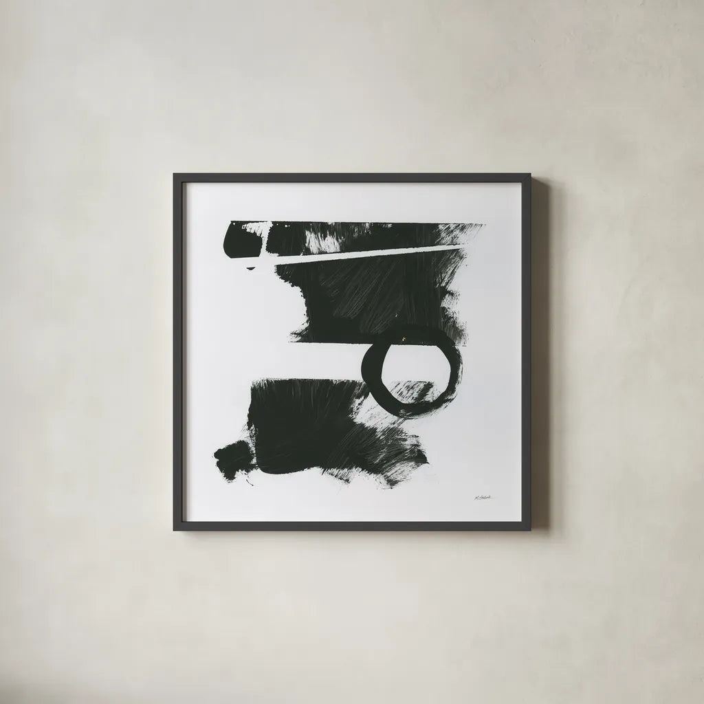 Gold and Black Elements XVII by Mike Schick. Shown in a sleek black glass frame for a contemporary gallery look. Available as an archival giclee rolled canvas, fine art paper, or poster print. SKU 19473a.