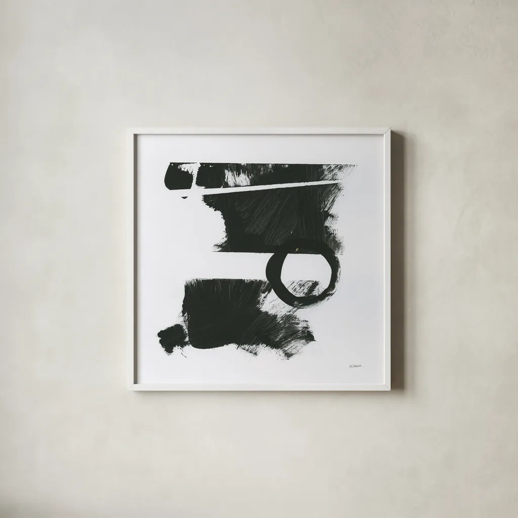 Gold and Black Elements XVII by Mike Schick. Shown in a crisp white glass frame for a clean and minimalist style. Available as an archival giclee rolled canvas, fine art paper, or poster print. SKU 19473a.