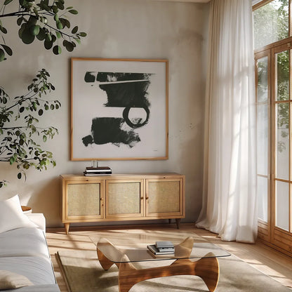 Gold and Black Elements XVII by Mike Schick. Shown in a natural wood frame in a cozy modern living room. Available as an archival giclee rolled canvas, fine art paper, or poster print. SKU 19473a.