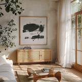 Gold and Black Elements XX by Mike Schick. Shown in a natural wood frame in a cozy modern living room. Available as an archival giclee rolled canvas, fine art paper, or poster print. SKU 19474a.
