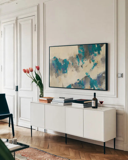 Gray Matter by Mike Schick. shown as a framed stretched canvas in a living room above a console. Available as a archival giclee rolled canvas, fine art paper, or poster print. SKU 12615i.