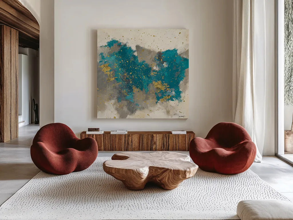 Gray Matter Cream II by Mike Schick. Shown as extra-large giant wall art in a modern living room. Available as an archival giclee rolled canvas, fine art paper, or poster print. SKU 34208a.