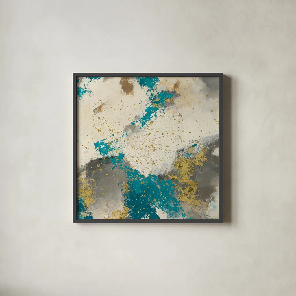Gray Matter Cream III Gold by Mike Schick. Shown in a sleek black glass frame for a contemporary gallery look. Available as an archival giclee rolled canvas, fine art paper, or poster print. SKU 34209a.