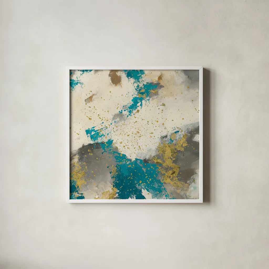 Gray Matter Cream III Gold by Mike Schick. Shown in a crisp white glass frame for a clean and minimalist style. Available as an archival giclee rolled canvas, fine art paper, or poster print. SKU 34209a.