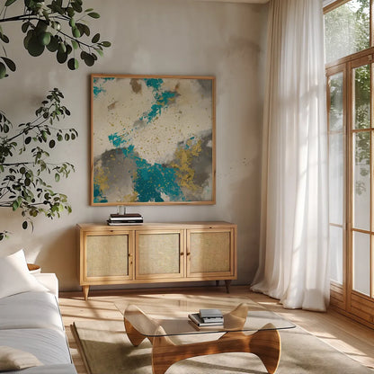 Gray Matter Cream III Gold by Mike Schick. Shown in a natural wood frame in a cozy modern living room. Available as an archival giclee rolled canvas, fine art paper, or poster print. SKU 34209a.