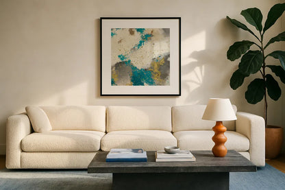 Gray Matter Cream III Gold by Mike Schick. Displayed in a glass frame with matte in a clean modern living room. Available as an archival giclee rolled canvas, fine art paper, or poster print. SKU 34209a.