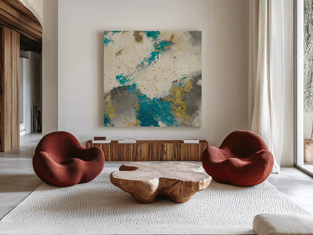 Gray Matter Cream III Gold by Mike Schick. Shown as extra-large giant wall art in a modern living room. Available as an archival giclee rolled canvas, fine art paper, or poster print. SKU 34209a.