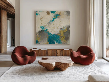 Gray Matter Cream III Gold by Mike Schick. Shown as extra-large giant wall art in a modern living room. Available as an archival giclee rolled canvas, fine art paper, or poster print. SKU 34209a.