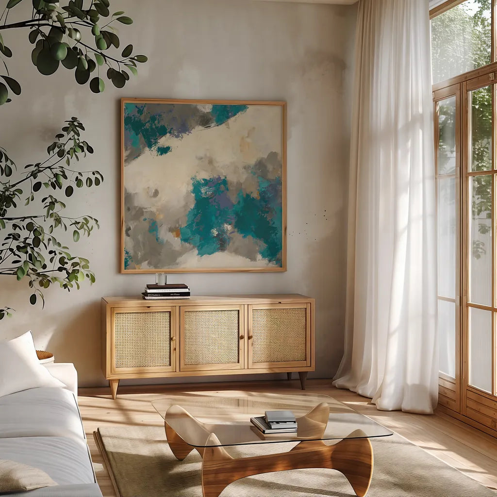 Gray Matter II Square by Mike Schick. Shown in a natural wood frame in a cozy modern living room. Available as an archival giclee rolled canvas, fine art paper, or poster print. SKU 34216a.