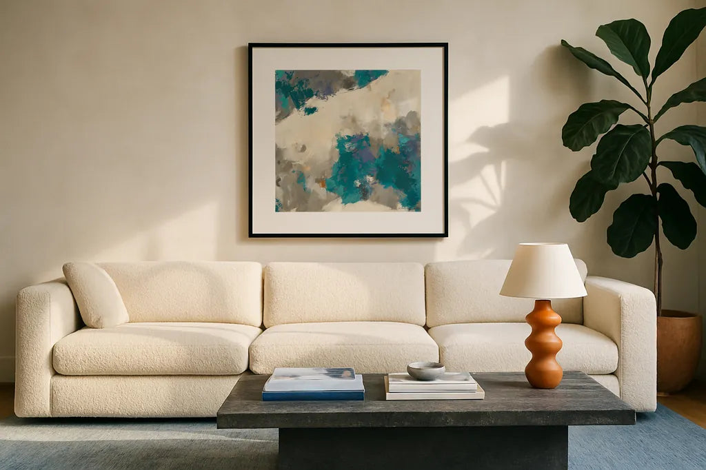 Gray Matter II Square by Mike Schick. Displayed in a glass frame with matte in a clean modern living room. Available as an archival giclee rolled canvas, fine art paper, or poster print. SKU 34216a.