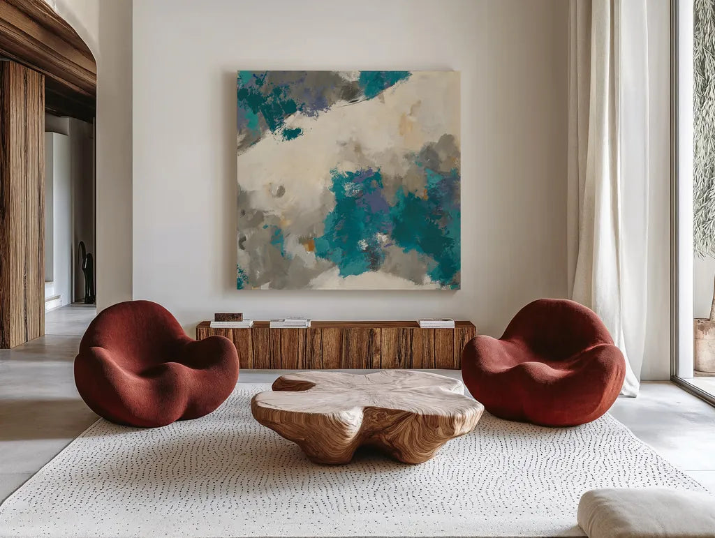 Gray Matter II Square by Mike Schick. Shown as extra-large giant wall art in a modern living room. Available as an archival giclee rolled canvas, fine art paper, or poster print. SKU 34216a.