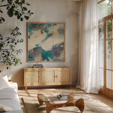 Gray Matter III Square by Mike Schick. Shown in a natural wood frame in a cozy modern living room. Available as an archival giclee rolled canvas, fine art paper, or poster print. SKU 34215a.