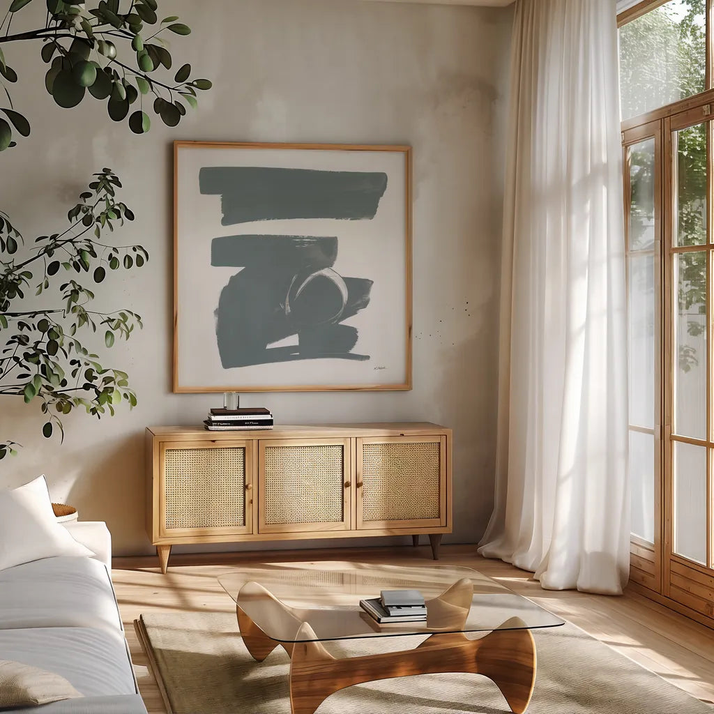 Gray and White XII by Mike Schick. Shown in a natural wood frame in a cozy modern living room. Available as an archival giclee rolled canvas, fine art paper, or poster print. SKU 22751a.