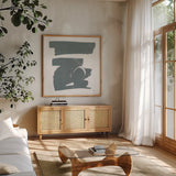 Gray and White XII by Mike Schick. Shown in a natural wood frame in a cozy modern living room. Available as an archival giclee rolled canvas, fine art paper, or poster print. SKU 22751a.