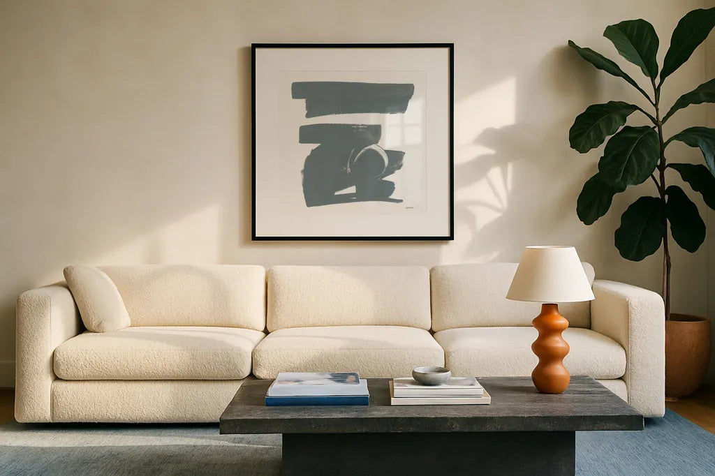 Gray and White XII by Mike Schick. Displayed in a glass frame with matte in a clean modern living room. Available as an archival giclee rolled canvas, fine art paper, or poster print. SKU 22751a.
