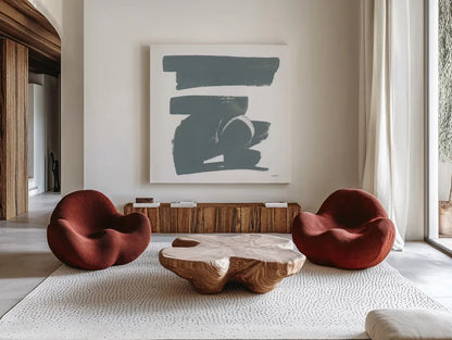 Gray and White XII by Mike Schick. Shown as extra-large giant wall art in a modern living room. Available as an archival giclee rolled canvas, fine art paper, or poster print. SKU 22751a.