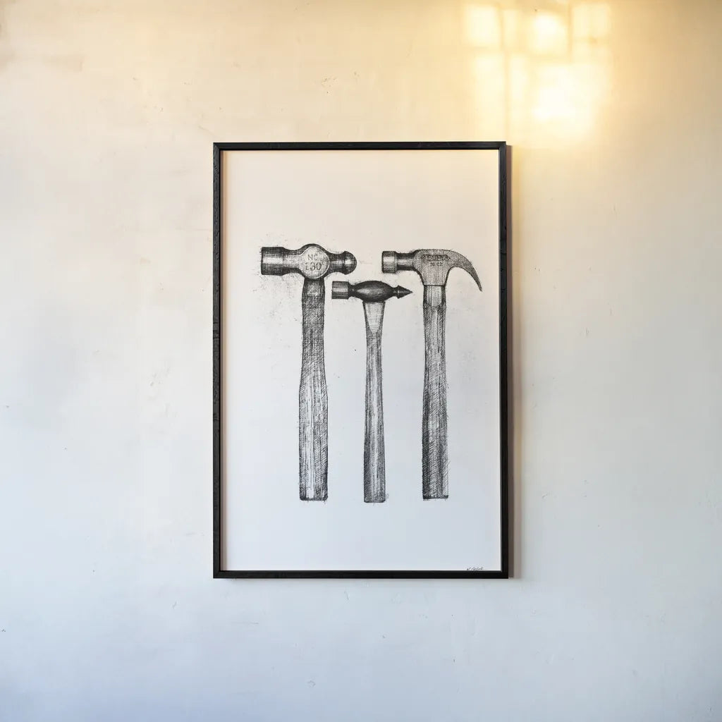 Hammers by Mike Schick. shown as a paper print in a black flame. Available as a archival giclee rolled canvas, fine art paper, or poster print. SKU 58751h.