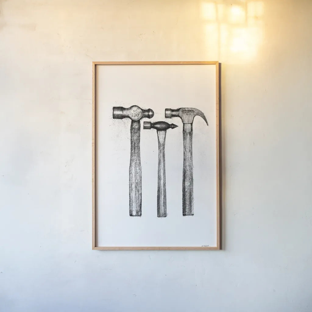 Hammers by Mike Schick. shown as a paper print in a natural frame. Available as a archival giclee rolled canvas, fine art paper, or poster print. SKU 58751h.