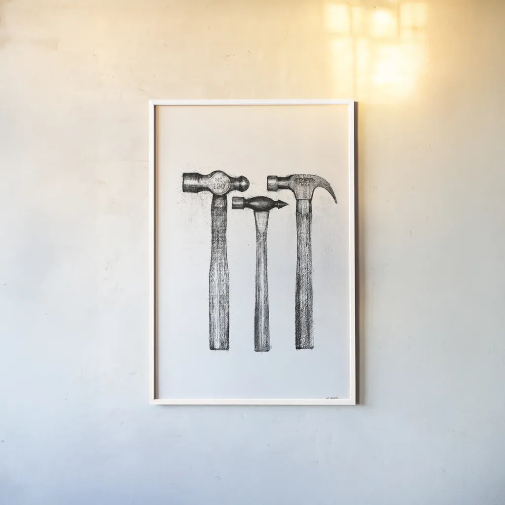 Hammers by Mike Schick. shown as a paper print in a white frame. Available as a archival giclee rolled canvas, fine art paper, or poster print. SKU 58751h.