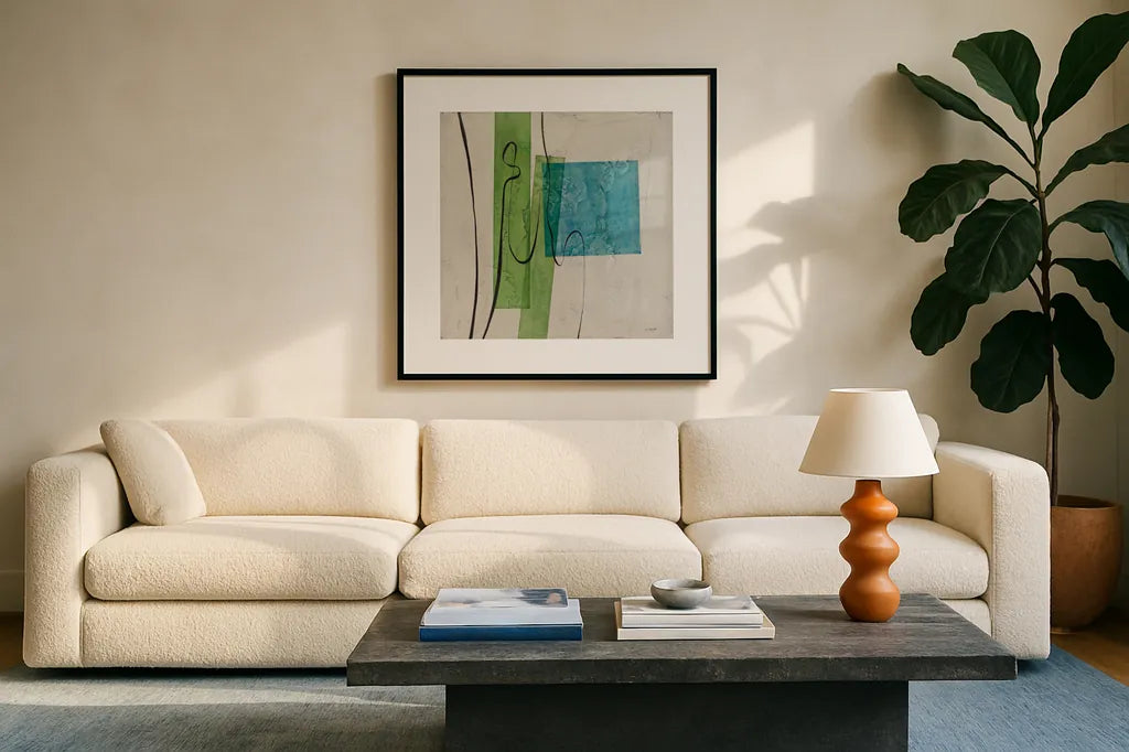 Harmony I by Mike Schick. Displayed in a glass frame with matte in a clean modern living room. Available as an archival giclee rolled canvas, fine art paper, or poster print. SKU 91332a.