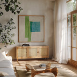 Harmony I No Lines by Mike Schick. Shown in a natural wood frame in a cozy modern living room. Available as an archival giclee rolled canvas, fine art paper, or poster print. SKU 91636a.