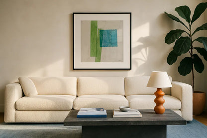 Harmony I No Lines by Mike Schick. Displayed in a glass frame with matte in a clean modern living room. Available as an archival giclee rolled canvas, fine art paper, or poster print. SKU 91636a.