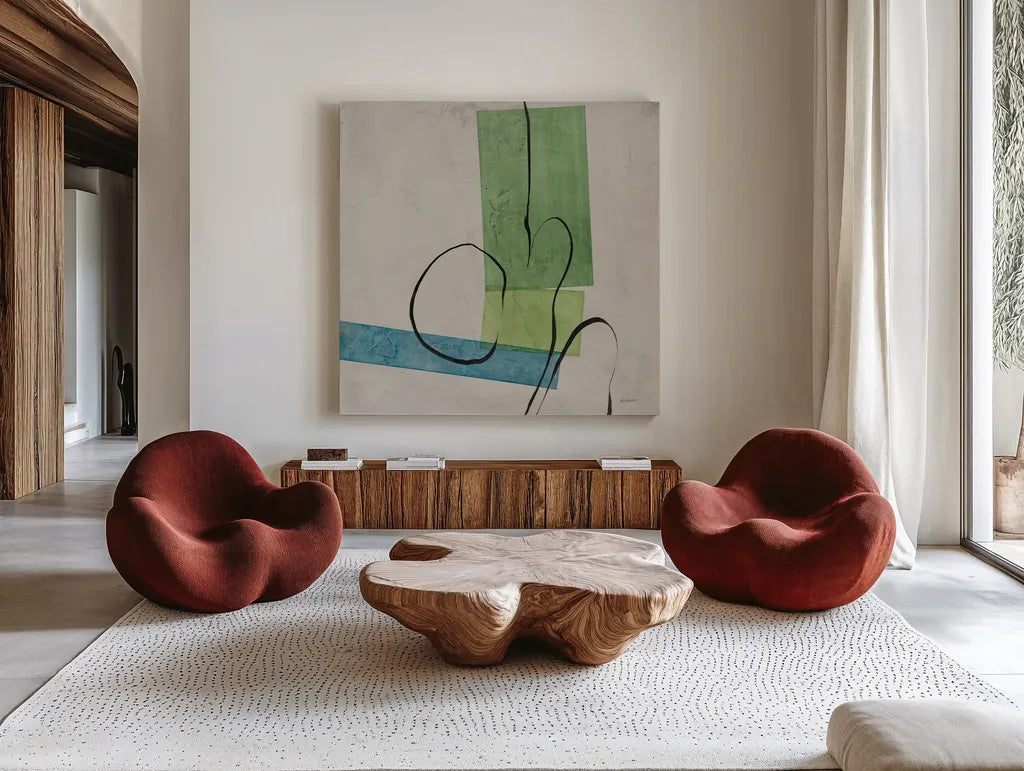 Harmony II by Mike Schick. Shown as extra-large giant wall art in a modern living room. Available as an archival giclee rolled canvas, fine art paper, or poster print. SKU 91333a.